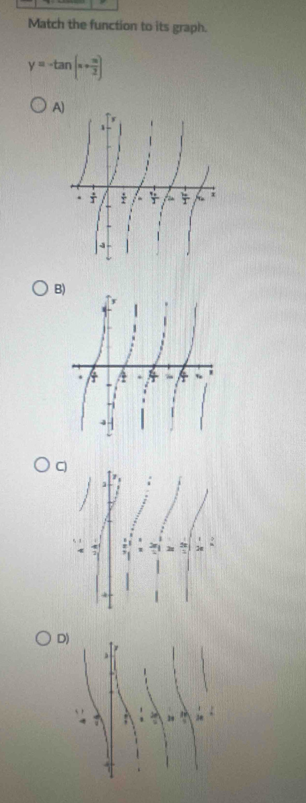 Match the function to its graph.
y=-tan (x+ π /2 )
A
B
C
D