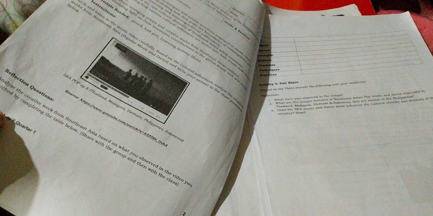 Instructions 
e 
B 
e de i Máctio. 
als Needed: pencil, ball pen, Learning Activity Si 
bject 
nd listen to the misinfluences, analyze th 
below from Southeast As answer in the chart 
Medium 
Processes 
Techniques 
Practices 
Reflection Question 
Activity 3: Pair Share 
(Pased on the Video answer the following with your seatmate) 
I. What have you observed in the tempo? 
2. What are the unique features of Southeast Asian Pop music and dance especially in 
Thailand, Malaysia, Vietnam & Indonesia, that are similar in the Philippines? 
3. Does the SEA music and dance show influence the cultural identry and diversity of th 
country? How? 
ta 7 Quarter ¹ 
e the creative work frhat you observed in the vide 
d by completing the tae group and then with the c 
2
