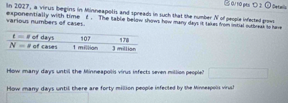 つ 2 Details
In 2027, a virus begins in Minneapolis and spreads in such that the number N of people infected grows
exponentially with time t . The table below shows how many days it takes from initial outbreak to have
various numbers of cases.
How many days until the Minneapolis virus infects seven million people? □
How many days until there are forty million people infected by the Minneapolis virus?