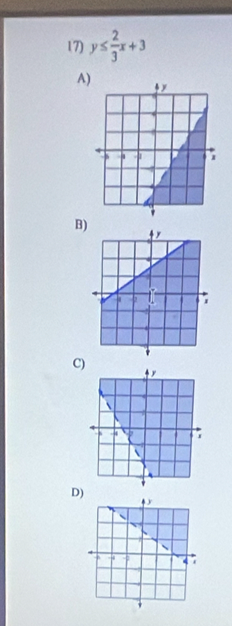 y≤  2/3 x+3
A) 
B) 
C) 
D