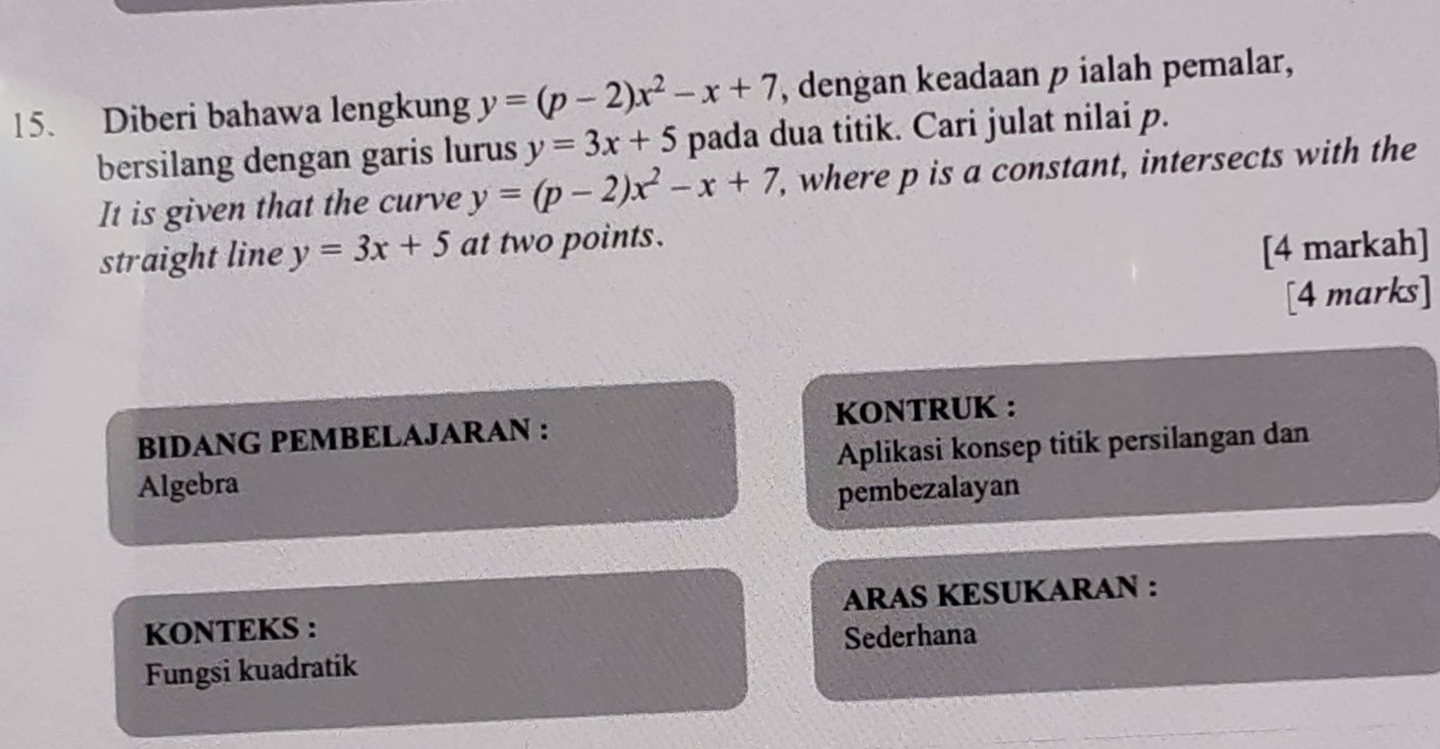 Diberi bahawa lengkung y=(p-2)x^2-x+7 , dengan keadaan p ialah pemalar, 
bersilang dengan garis lurus y=3x+5 pada dua titik. Cari julat nilai p. 
It is given that the curve y=(p-2)x^2-x+7 , where p is a constant, intersects with the 
straight line y=3x+5 at two points. 
[4 markah] 
[4 marks] 
BIDANG PEMBELAJARAN : KONTRUK : 
Algebra Aplikasi konsep titik persilangan dan 
pembezalayan 
KONTEKS : ARAS KESUKARAN : 
Fungsi kuadratik Sederhana