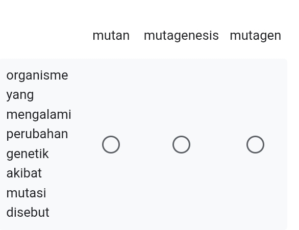 mutan mutagenesis mutagen 
organisme 
yang 
mengalami 
perubahan 
genetik 
akibat 
mutasi 
disebut