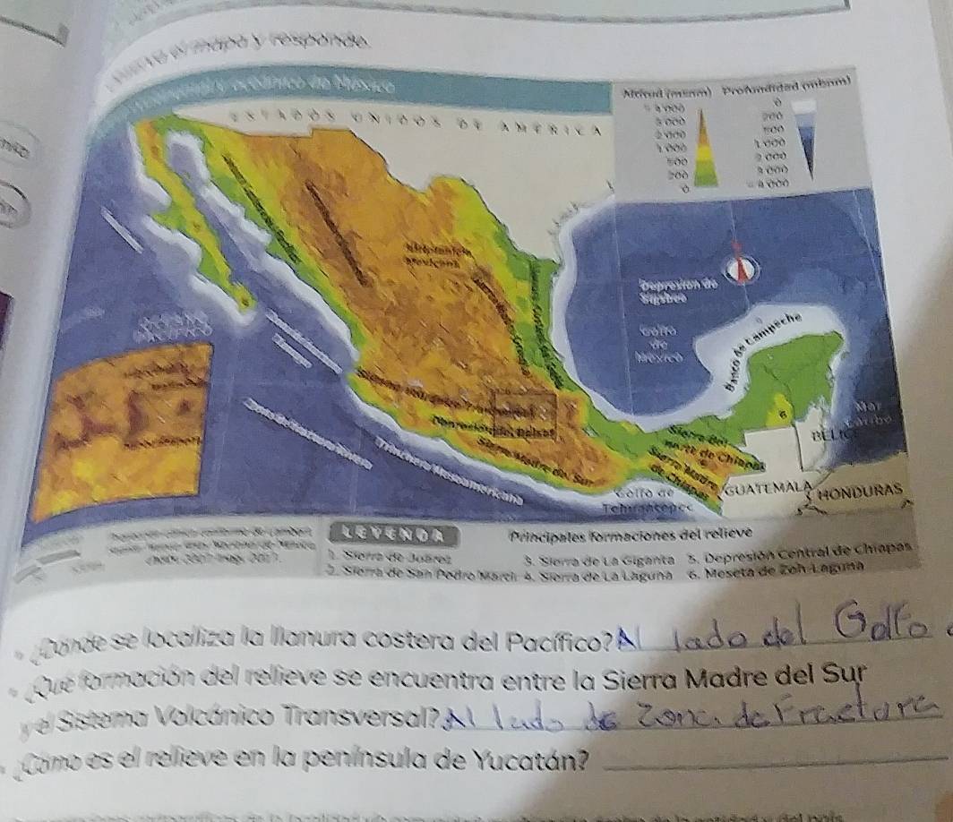 ápa y responde 
não 
. Sierra de San Pedro Marcir 4, Sierra de La Laguna 6. Meseta de Zol L 
Donde se localiza la llanura costera del Pacífico?_ 
Que formación del relieve se encuentra entre la Sierra Madre del Sur 
el Sistema Volcánico Transversal?_ 
Como es el relieve en la península de Yucatán?_