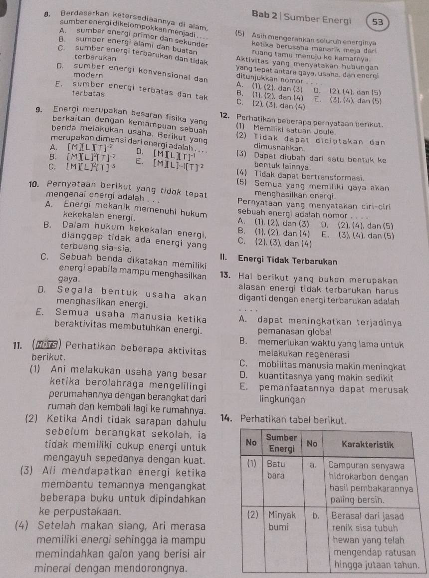 Bab 2 | Sumber Energi 53
8. Berdasarkan ketersediaannya di alam. (5) Asih mengerahkan seluruh energinya
sumber energi dikelompokkan menjadi ..
A. sumber energi primer dan sekunder ketika berusaha menarik meja dar
B. sumber energi alami dan buatan ruang tamu menuju ke kamarnya.
C. sumber energi terbarukan dan tidak Aktivitas yang menyatakan hubungan
terbarukan yang tepat antara gaya, usaha, dan energi
D. sumber energi konvensional dan ditunjukkan nomor
modern
A. (1), (2), dan (3) D. (2),(4) dan (5)
E. sumber energi terbatas dan tak C. (2), (3), dan (4)
B. (1). (2), dan (4) E. (3),(4)
terbatas , dan (5)
g. Energi merupakan besaran fisika yang 12. Perhatikan beberapa pernyataan berikut.
berkaitan dengan kemampuan sebuah (1) Memiliki satuan Joule.
benda melakukan usaha. Berikut yang (2) Tidak dapat diciptakan dan
merupakan dimensi dari energi adalah . . . dimusnahkan.
A. [M][L][T]^-2
B. [M][L]^2[T]^-2 D. [M][L][T]^-1 (3) Dapat diubah dari satu bentuk ke
bentuk lainnya.
C. [M][L]^2[T]^-3 E. [M][L]-1[T]^-2 (4) Tidak dapat bertransformasi.
(5) Semua yang memiliki gaya akan
10. Pernyataan berikut yang tidok tepat menghasilkan energi.
mengenai energi adalah . . . Pernyataan yang menyatakan ciri-ciri
A. Energi mekanik memenuhi hukum sebuah energi adalah nomor . . . .
kekekalan energi. A. (1), (2), dan (3) D. (2), (4), dan (5)
B. (1), (2), dan (4) E. (3), (4), dan (5)
B. Dalam hukum kekekalan energi, C. (2), (3), dan (4)
dianggap tidak ada energi yang
terbuang sia-sia. II. Energi Tidak Terbarukan
C. Sebuah benda dikatakan memiliki
energi apabila mampu menghasilkan 13. Hal berikut yang bukon merupakan
gaya. alasan energi tidak terbarukan harus
D. Segala bentuk usaha akan diganti dengan energi terbarukan adalah
menghasilkan energi.
E. Semua usaha manusia ketika A. dapat meningkatkan terjadinya
beraktivitas membutuhkan energi. pemanasan global
B. memerlukan waktu yang lama untuk
11. H) Perhatikan beberapa aktivitas melakukan regenerasi
berikut. C. mobilitas manusia makin meningkat
(1) Ani melakukan usaha yang besar D. kuantitasnya yang makin sedikit
ketika berolahraga mengelilingi E. pemanfaatannya dapat merusak
perumahannya dengan berangkat dari lingkungan
rumah dan kembali lagi ke rumahnya.
(2) Ketika Andi tidak sarapan dahulu 14. Perhatikan tabel berikut.
sebelum berangkat sekolah, ia
tidak memiliki cukup energi untuk 
mengayuh sepedanya dengan kuat. 
(3) Ali mendapatkan energi ketika
membantu temannya mengangkat
beberapa buku untuk dipindahkan
ke perpustakaan. 
(4) Setelah makan siang, Ari merasa
memiliki energi sehingga ia mampu
memindahkan galon yang berisi air
mineral dengan mendorongnya.