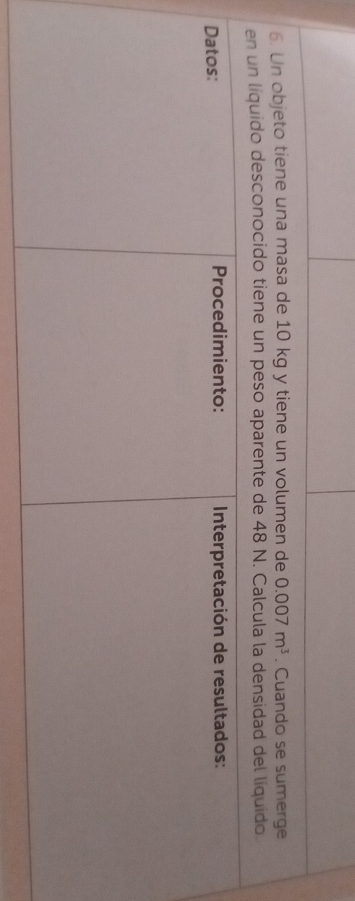 Un objeto tiene una masa de 10 kg y tiene un volumen de 0.007m^3. Cuando se sumerge 
d del líquido.