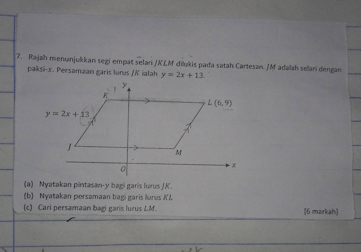 Rajah menunjukkan segi empat selari JKLM dilukis pada satah Cartesan. JM adalah selari dengan
paksi-x. Persamaan garis lurus /K ialah y=2x+13.
(a) Nyatakan pintasan-y bagi garis lurus JK.
(b) Nyatakan persamaan bagi garis lurus KL
(c) Cari persamaan bagi garis lurus LM. [6 markah]