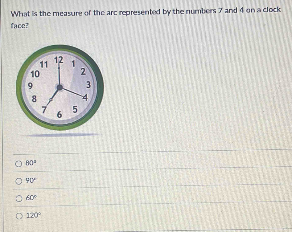 Solved: What is the measure of the arc represented by the numbers 7 and ...