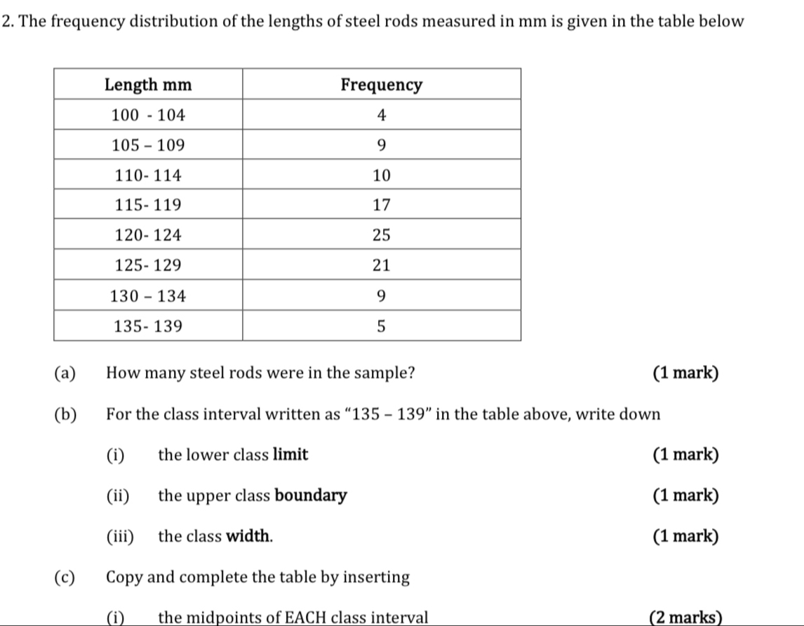 The frequency distribution of the lengths of steel rods measured in mm is given in the table below 
(a) How many steel rods were in the sample? (1 mark) 
(b) For the class interval written as “ 135-139'' in the table above, write down 
(i) the lower class limit (1 mark) 
(ii) the upper class boundary (1 mark) 
(iii) the class width. (1 mark) 
(c) Copy and complete the table by inserting 
(i) the midpoints of EACH class interval (2 marks)