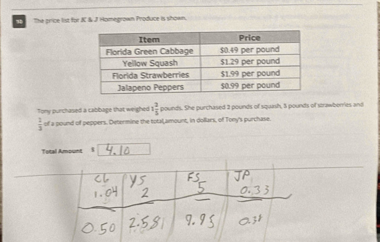 The price list for IC & J Homegrown Produce is shown. 
Tony purchased a cabbage that weighed 1 2/5  pounds. She purchased 2 pounds of squash, 5 pounds of strawberries and
 2/3  of a pound of peppers. Determine the total,amount, in dollars, of Tony's purchase. 
Total Amount $