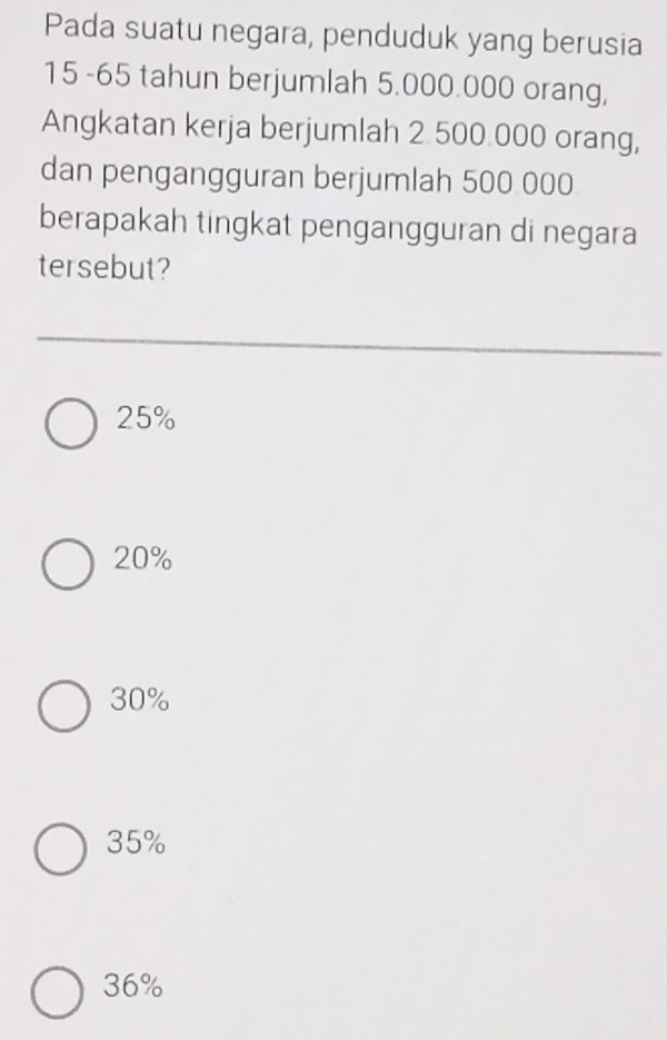 Pada suatu negara, penduduk yang berusia
15 -65 tahun berjumlah 5.000.000 orang,
Angkatan kerja berjumlah 2 500.000 orang,
dan pengangguran berjumlah 500 000
berapakah tingkat pengangguran di negara
tersebut?
25%
20%
30%
35%
36%