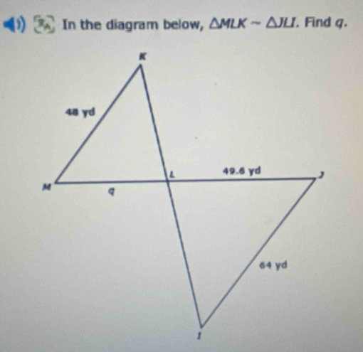 In the diagram below, △ MLKsim △ JLI. Find q.