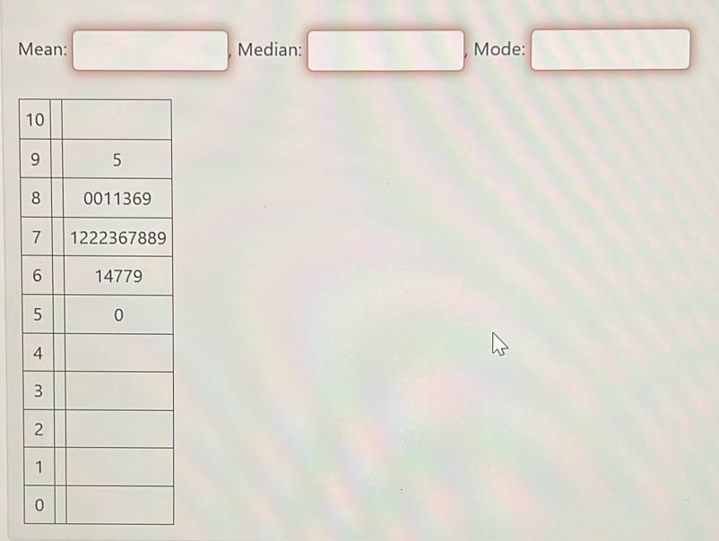 Mean: □ , Median: □ , Mode: □