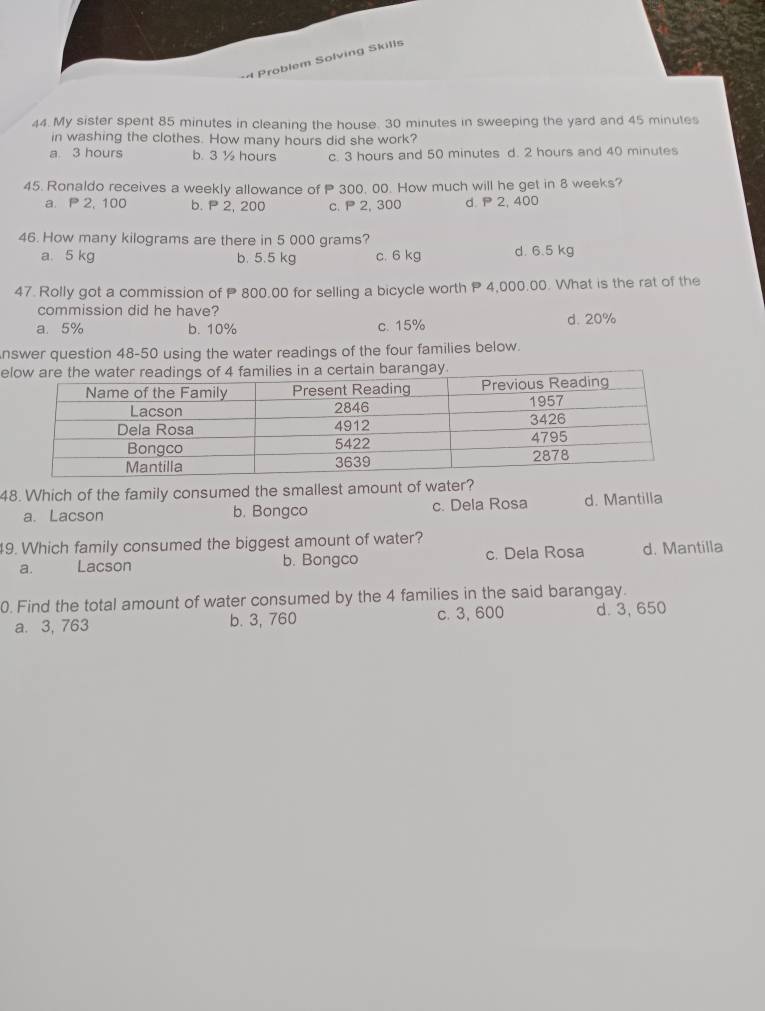 Problem Solving Skills
44. My sister spent 85 minutes in cleaning the house. 30 minutes in sweeping the yard and 45 minutes
in washing the clothes. How many hours did she work?
a. 3 hours b. 3 ½ hours c. 3 hours and 50 minutes d. 2 hours and 40 minutes
45. Ronaldo receives a weekly allowance of P 300. 00. How much will he get in 8 weeks?
a. P 2, 100 b. P 2, 200 c. 2, 300 d. P 2, 400
46. How many kilograms are there in 5 000 grams?
a. 5 kg b. 5.5 kg c. 6 kg d. 6.5 kg
47. Rolly got a commission of P 800.00 for selling a bicycle worth P 4,000.00. What is the rat of the
commission did he have?
a. 5% b. 10% c. 15% d. 20%
nswer question 48-50 using the water readings of the four families below.
e
48. Which of the family consumed the smallest amount of water?
a. Lacson b. Bongco c. Dela Rosa d. Mantilla
9. Which family consumed the biggest amount of water?
a. Lacson b. Bongco c. Dela Rosa d. Mantilla
0. Find the total amount of water consumed by the 4 families in the said barangay.
a. 3, 763 b. 3, 760 c. 3, 600 d. 3, 650