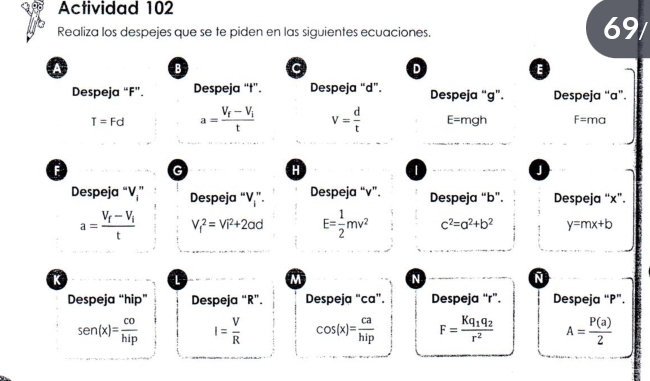 Actividad 102 
Realiza los despejes que se te piden en las siguientes ecuaciones. 69/ 
A 
B 
C 
D 
E 
Despeja “ F ”. Despeja “ t ”. Despeja “ d ”. Despeja “ g ”. Despeja “ a ”.
T=Fd a=frac V_f-V_it V= d/t  E=mg h F=ma
F 
G 
H 
J 
Despeja “ V,” Despeja “ V,”- Despeja “ v ”. Despeja “ b ”. Despeja “ x ”.
a=frac V_f-V_it V_f^(2=Vi^2)+2ad E= 1/2 mv^2 c^2=a^2+b^2 y=mx+b
K
L
M
N 
N 
Despeja “ hip ” Despeja “ R ”. Despeja “ ca ”. Despeja “ r ”. Despeja “ P ”.
sen (x)= co/hip  I= V/R  cos (x)= ca/hip  F=frac Kq_1q_2r^2 A= P(a)/2 