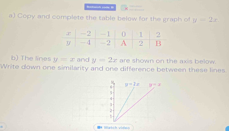 Bookwork code: 18 A aownd Categlee 
a) Copy and complete the table below for the graph of y=2x. 
b) The lines y=x and y=2x are shown on the axis below. 
Write down one similarity and one difference between these lines.
y
6 y=2x y=x
5
4
3
2
1 
s Watch video