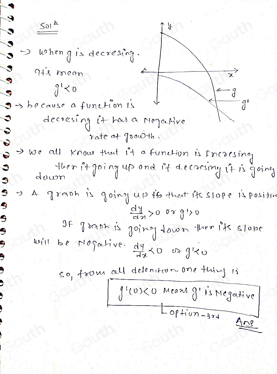 S01A 
when g is decresing 
9t's mean
g'<0</tex> 
because a function is 
decoesing it has a 
rate of 900w0th. 
we all know that it a function is Incoesing 
ther frgoing up and if decarsing it is going 
down 
)A gra0h is going up to that its slope is positive 
S
 dy/dx >0 0r g'>0
of graor is going down then its slope 
S 
will be Negarive.  dy/dx <0</tex> gr0 
so, from all dedenition, one thing 1s
g'(0)<0</tex> means g' is Negative 
Loption-3rd Ang