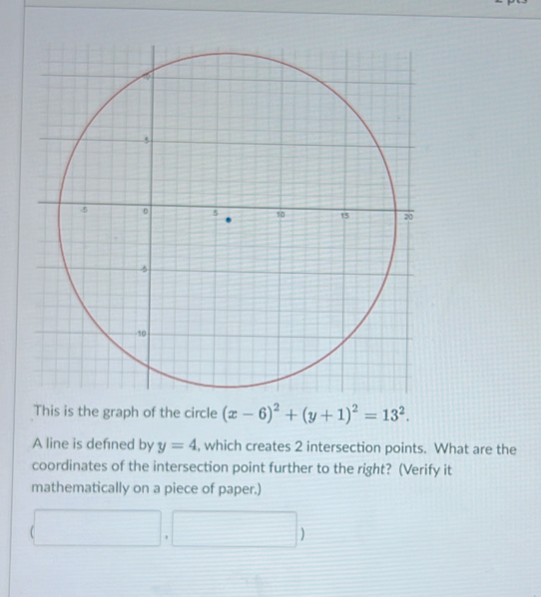 Solved: This is the graph of the circle (x-6)^2+(y+1)^2=13^2. A line is ...