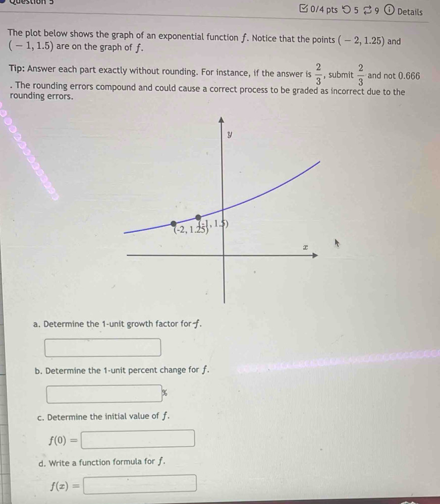 □ 0/4 ptsつ 5 ⇄ 9 ⓘ Details
The plot below shows the graph of an exponential function f. Notice that the points (-2,1.25) and
(-1,1.5) are on the graph of f.
Tip: Answer each part exactly without rounding. For instance, if the answer is  2/3  ,submit  2/3  and not 0.666
. The rounding errors compound and could cause a correct process to be graded as incorrect due to the
rounding errors.
a. Determine the 1-unit growth factor for f.
b. Determine the 1-unit percent change for f.
%
c. Determine the initial value of f.
f(0)=
□
d. Write a function formula for f.
f(x)= A= x|x<0</tex>