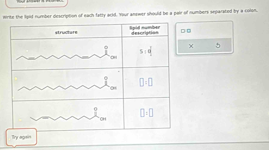 Your answer is incorrect 
Write the lipid number description of each fatty acid. Your answer should be a pair of numbers separated by a colon. 
structure lipid number 
description □ :□
0
5:0
× 5
OH
□ :□
OH
□ :□
OH 
Try again