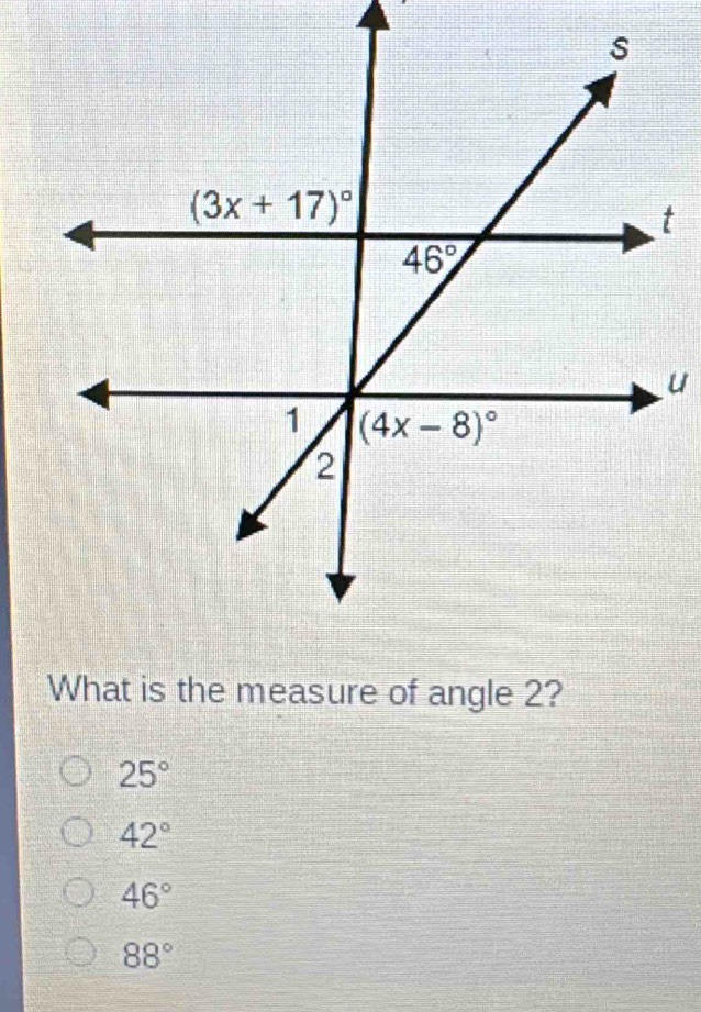 What is the measure of angle 2?
25°
42°
46°
88°