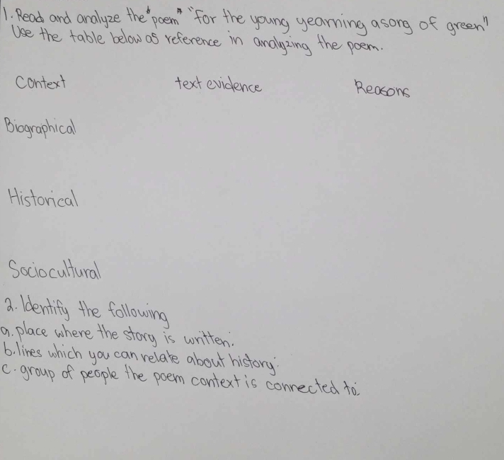 Read and analyze the poem for the young yearning asong of green"
Use the table below as reference in anayzing the poem.
context text evidence
Reasons
Bographical
Historical
Sociocultural
a ldentify the following
9. place where the story is written.
6. lines which you can relate about history?
c. group of people the poem context is conrected to