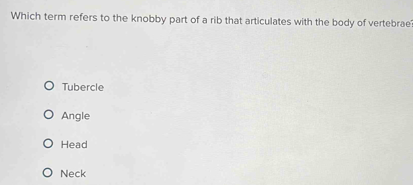 Solved: Which term refers to the knobby part of a rib that articulates ...
