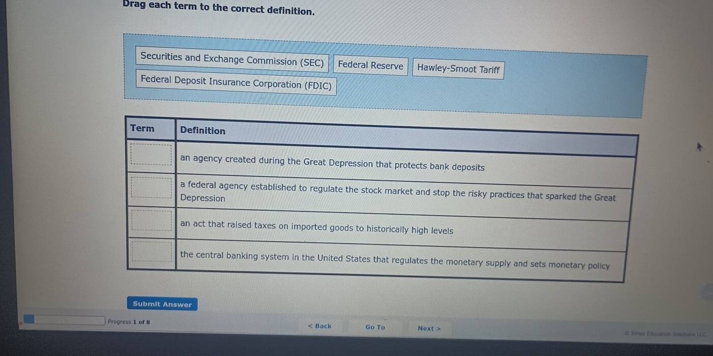 Drag each term to the correct definition. 
Securities and Exchange Commission (SEC) Federal Reserve Hawley-Smoot Tariff 
Federal Deposit Insurance Corporation (FDIC) 
Submit Answer 
Progress 1 of 8 < Back Go To Next >