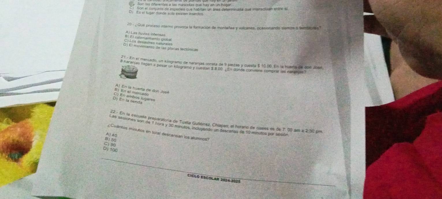 (B). Son las diferentes a las mascotas que hay on un hogar.
C) Son el conjunto de especies que habitan un área determinada que interactuan entre sí
D) Es el lugar donde solo existen insectos
20 - ¿Qué proceso interno provoca la formación de montañas y volcanes, ocasionando sismos o tembiores?
A) Las Iluvias intensas
B) El calentamiento clobal
C) Los desastres naturales
D) El movimiento de las placas fectónicas
21 - En el mercado, un kilogramrío de naranjas consta de 9 piezas y cuesta $ 10.00. En la huería de don Jiosé
8 naranjas llegan a pesar un kilogramo y cuestan $ 8.00. ¿En dónde conviene comprar las naranjas?
A) En la huerta de don José
B) En el mercado
C) En ambos lugares
D) En la tienda
22 - En la escuela preparatoria de Tuxtla Gutlérrez, Chiapas; el horario de clases es de 7: 00 am a 2:36 pm
Las sesiones son de 1 hora y 30 minutos, incluyendo un descanso de 10 minutos por sesión
¿Cuantos minutos en total descansan los alumnos?
A) 40
B) 50
C) 90
Dj 100
CICLO ESCOLAR 2024-2025