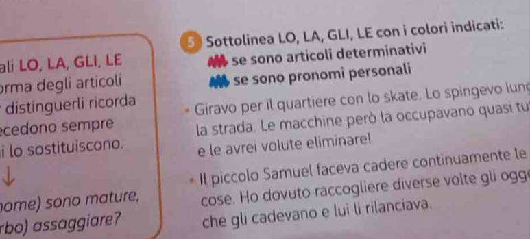 Sottolinea LO, LA, GLI, LE con i colori indicati: 
ali LO, LA, GLI, LE 
se sono articoli determinativi 
rma degli articoli 
se sono pronomi personali 
distinguerli ricorda 
Giravo per il quartiere con lo skate. Lo spingevo lun 
cedono sempre 
la strada. Le macchine però la occupavano quasi tu 
i lo sostituiscono. 
e le avrei volute eliminare 
Il piccolo Samuel faceva cadere continuamente le 
ome) sono mature, cose. Ho dovuto raccogliere diverse volte gli ogg 
rbo) assaggiare? 
che gli cadevano e lui li rilanciava.