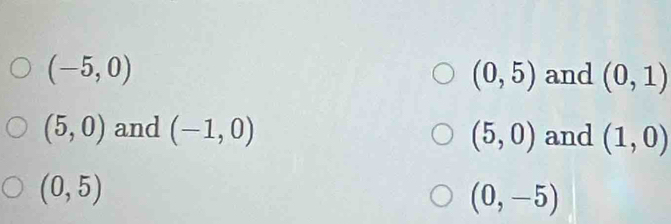 (-5,0) and (0,1)
(0,5)
(5,0) and (-1,0) (5,0) and (1,0)
(0,5)
(0,-5)