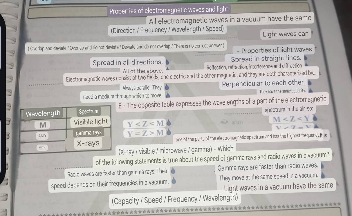 Properties of electromagnetic waves and light
All electromagnetic waves in a vacuum have the same
(Direction / Frequency / Wavelength / Speed)
Light waves can
) Overlap and deviate / Overlap and do not deviate / Deviate and do not overlap / There is no correct answer )
- Properties of light waves
Spread in all directions. Spread in straight lines.
All of the above. Reflection, refraction, interference and diffraction
Electromagnetic waves consist of two fields, one electric and the other magnetic, and they are both characterized by...
Always parallel. They Perpendicular to each other.
need a medium through which to move. They have the same capacity.
E - The opposite table expresses the wavelengths of a part of the electromagnetic
spectrum in the air, so:
Y
zim M
Y=Z>M V<7=V
one of the parts of the electromagnetic spectrum and has the highest frequency.It is
X -ray / visible / microwave / gamma) - Which
of the following statements is true about the speed of gamma rays and radio waves in a vacuum?
Radio waves are faster than gamma rays. Their Gamma rays are faster than radio waves.
speed depends on their frequencies in a vacuum. They move at the same speed in a vacuum.
- Light waves in a vacuum have the same
(Capacity / Speed / Frequency / Wavelength)