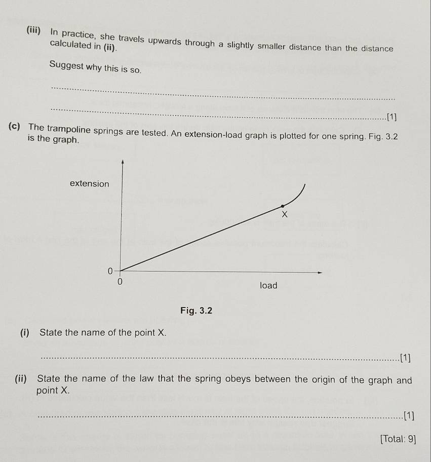 (iii) In practice, she travels upwards through a slightly smaller distance than the distance 
calculated in (ii). 
Suggest why this is so. 
_ 
_ 
[1] 
(c) The trampoline springs are tested. An extension-load graph is plotted for one spring. Fig. 3.2 
is the graph. 
exten 
Fig. 3.2 
(i) State the name of the point X. 
_[1] 
(ii) State the name of the law that the spring obeys between the origin of the graph and 
point X. 
_[1] 
[Total: 9]