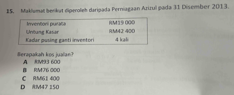 Maklumat berikut diperoleh daripada Perniagaan Azizul pada 31 Disember 2013.
Inventori purata RM19 000
Untung Kasar RM42 400
Kadar pusing ganti inventori 4 kali
Berapakah kos jualan?
A RM93 600
B RM76 000
C RM61 400
D RM47 150