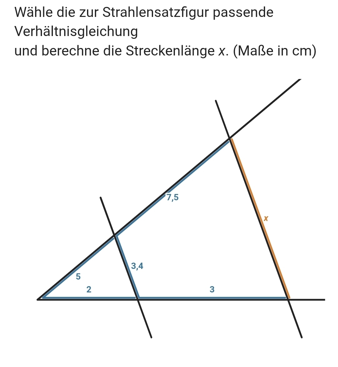 Wähle die zur Strahlensatzfigur passende 
Verhältnisgleichung 
und berechne die Streckenlänge x. (Maße in cm)