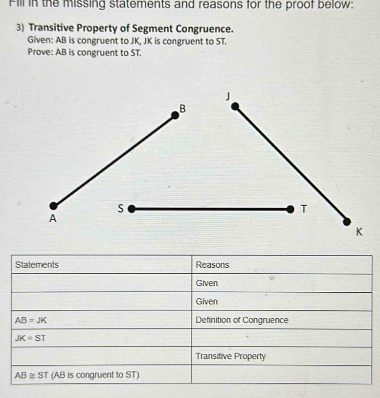 Fill in the missing statements and reasons for the proof below:
3) Transitive Property of Segment Congruence.
Given: AB is congruent to JK, JK is congruent to ST.
Prove: AB is congruent to ST.
A