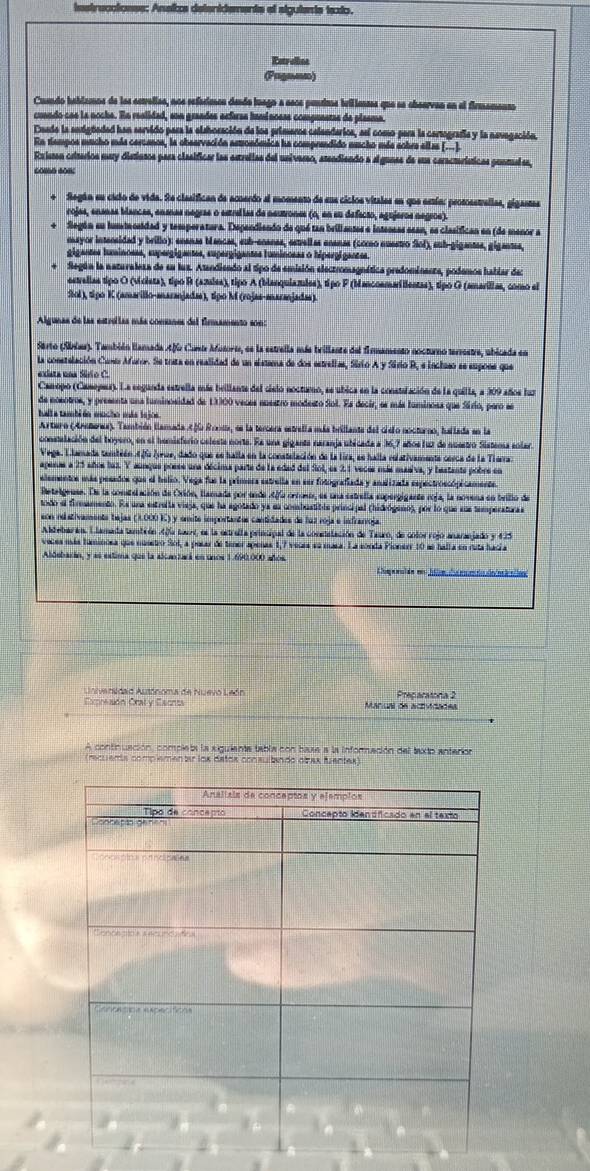 iastrucciones: Ansiiza detenidementa el siguienta texio.
Earallint
Cundo hablsmos de los asvellas, nos sefacimea desda luago a ssce punsma brilimees que se chearvan en el firmamento
condo cas la noche. En realidad, ena grandes ecfuras hamíncess compuestas de plasma.
Desde la audigtadad han servido para la elaboración de los primeros celendarics, sel como pera la cortegrafía y la navegación.
En tempos mucho máa carcanos, la obsarvación astronómica ha comprandido mucho más ecbra ellaa (.. 1
Rxiesan criterios muy distiasos para clesíficar las astrellas del universo, ateadiando a slgunas de sua ceracterísticas puntles,
a Según sn cádio de vida. Se clesifican de acoerdo al momento de sus cicios vitales en que estín: prososstrallas, gigastas
rojas, enanas tiancas, ensnas negras o estre las de neutrones (o, en su defecão, agujeros negros).
Slegón su hum tncsidad y temperatura. Dependiando de qué tan briliantes e intecnas sean, es clasífican en (de menor a
ssyor intensidad y brillo): enanas bancas, sub-enanes, estellas enanas (coro nuestro Sol), sub-gigantes, gigantes
igantes ixincess, eupergigantes, supergigantes tuminoeas o hiperoíganões
dlegún la naturaleza de en lua. Atandiendo al tipo de emisión electromagnática predominanta, podemos hatíar de
estellas tipo O (vicista), tipo R (azulss), tipo A (blanquiazias), tipo F (biancosmaillentas), tipo G (amarilias, como el
201), tipo K. (amarillo-anarajada), tipo M (rojas-maranjada)
Contr Mutoria, es la estrella más brillente del firmamento nocturo terrestre, úbicada en
trata en realidad de un elstama de dos estrelias. Sírio A y Srio R. e lachso se sueces qn
nás beillante del cisló nocturo, se úbica en la constulación de la quilla, a 309 años ho
de 1110O veces enestro modesto Sol. Es decir, es más taminoes que Sário, paro se
mada  fu Rna, es la tercera estrelía más brillante del Grelo nocturnó, ballada en la
te. Fe una giganta naranja ubicada a 16,7 años fur de nuestro fústema enlas
e de la edad del Sinl, es 2,1 vocés más mas va, y bestante pobre en
mea esteia en sor fotografiada y andizata espestroscóracamenda
A lamada por endo Alfa crtono, es una estrelía eupergigade roja, la novena en bnlo de
a, que la agotado ye ea combustibls principal (hideógeno), por lo que sue temperatura 
00 F V y emite importantes cantidades de loz roja e infranvosa
Na lerri, es la estrella principal de la condatación de Tauro, de color rojó aneraniado y 425
veces más taminoea que nusetro Sol, a pelar de tener apeñas 1,7 veces sé masa. La conda Pionerr 10 se halla en ruta had a
Aldebarán, y es estima que la alcanturá en únos 1, 690.000 añós
Univarsdao Autónoma de Nuevo Laón Praciaratona 2
Expreción Craty Escnt Mañual de acividades
A contruación, complet la siguienta tablaicon base a la infornación del taxto antedos