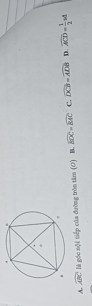 A. widehat ABC là góc nội tiếp của đường tròn tâm (0) B. widehat BDC=widehat BAC C. widehat DCB=widehat ADB D. widehat ACD= 1/2 sd