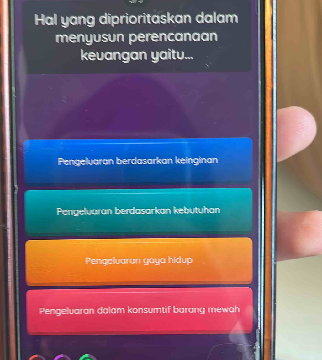 Hal yang diprioritaskan dalam
menyusun perencanaan
kevangan yaitu...
Pengelvaran berdasarkan keinginan
Pengelvaran berdasarkan kebutuhan
Pengeluaran gaya hidup
Pengeluaran dalam konsumtif barang mewah