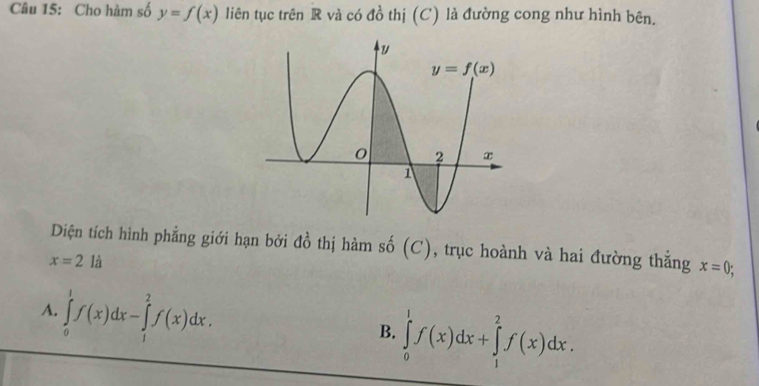 Cho hàm số y=f(x) liên tục trên R và có đồ thị (C) là đường cong như hình bên.
Diện tích hình phẳng giới hạn bởi đồ thị hàm số (C), trục hoành và hai đường thẳng x=0;
x=2la
A. ∈tlimits _0^1f(x)dx-∈tlimits _1^2f(x)dx.
B. ∈tlimits _0^1f(x)dx+∈tlimits _1^2f(x)dx.