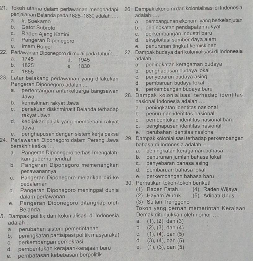 Tokoh utama dalam perlawanan menghadapi 26. Dampak ekonomi dari kolonialisasi di Indonesia
penjajahan Belanda pada 1825-1830 adalah …. adalah
a. Ir. Soekarno a. pembangunan ekonomi yang berkelanjutan
b. Gatot Subroto b. peningkatan pendapatan rakyat
c. Raden Ajeng Kartini c. perkembangan industri baru
d. Pangeran Diponegoro d. eksploitasi sumber daya alam
e. Imam Bonjol e. penurunan tingkat kemiskinan
22. Perlawanan Diponegoro di mulai pada tahun'… 27. Dampak budaya dari kolonialisasi di Indonesia
a. 1745 d. 1945 adalah ....
b. 1825 e 1830 a. peningkatan keragaman budaya
c. 1855 b. penghapusan budaya lokal
23. Latar belakang perlawanan yang dilakukan c. penyebaran budaya asing
Pangeran Diponegoro adalah .... d. pembaruan budaya lokal
e. perkembangan budaya baru
a. pertentangan antarkeluarga bangsawan 28. Dampak kolonialisasi terhadap identitas
Jawa
b. kemiskinan rakyat Jawa nasional Indonesia adalah ….
c. perlakuan diskriminatif Belanda terhadap a. peningkatan identitas nasional
rakyat Jawa b. penurunan identitas nasional
d. kebijakan pajak yang membebani rakyat c. pembentukan identitas nasional baru
Jawa d. penghapusan identitas nasional
e. penghapusan dengan sistem kerja paksa e. perubahan identitas nasional
24. Perlawanan Diponegoro dalam Perang Jawa 29. Dampak kolonialisasi terhadap perkembangan
berakhir ketika .... bahasa di Indonesia adalah ....
a. Pangeran Diponegoro berhasil mengalah- a. peningkatan keragaman bahasa
kan gubernur jendral b. penurunan jumlah bahasa lokal
b. Pangeran Diponegoro memenangkan c. penyebaran bahasa asing
perlawanannya d. pembaruan bahasa lokal
c. Pangeran Diponegoro melarikan diri ke e. perkembangan bahasa baru
pedalaman 30. Perhatikan tokoh-tokoh berikut!
d. Pangeran Diponegoro meninggal dunia (1) Raden Fatah (4) Raden Wijaya
dalam perlawanan (2) Hayam Wuruk (5) Adipati Unus
e. Pangeran Diponegoro ditangkap oleh (3) Sultan Trenggono
Belanda Tokoh yang pernah memerintah Kerajaan
5. Dampak politik dari kolonialisasi di Indonesia Demak ditunjukkan oleh nomor ....
adalah ... a. (1), (2), dan (3)
a. perubahan sistem pemerintahan b. (2), (3), dan (4)
b. peningkatan partisipasi politik masyarakat c. (1), (4), dan (5)
c. perkembangan demokrasi d. (3), (4), dan (5)
d. pembentukan kerajaan-kerajaan baru e. (1), (3), dan (5)
e. pembatasan kebebasan berpolitik