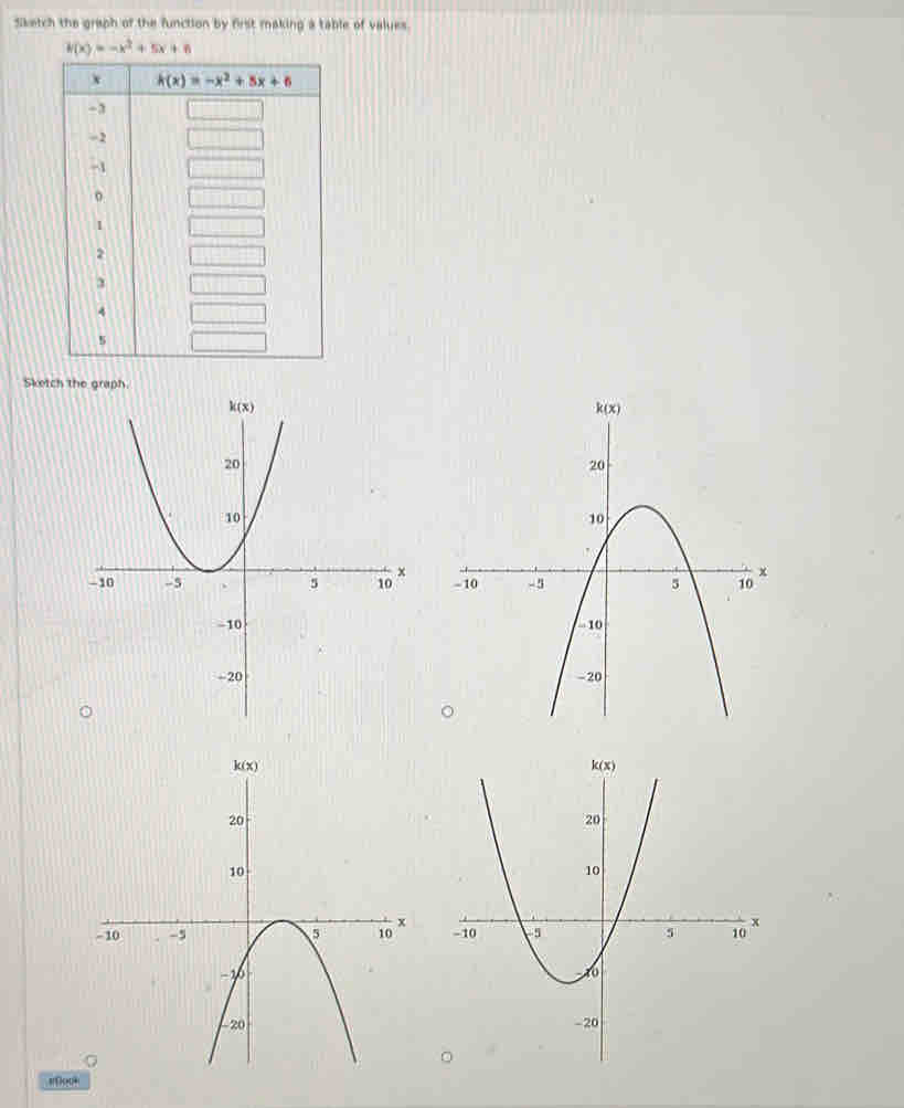 Sketch the graph of the function by first making a table of values.
f(x)=-x^2+5x+6
Sketch