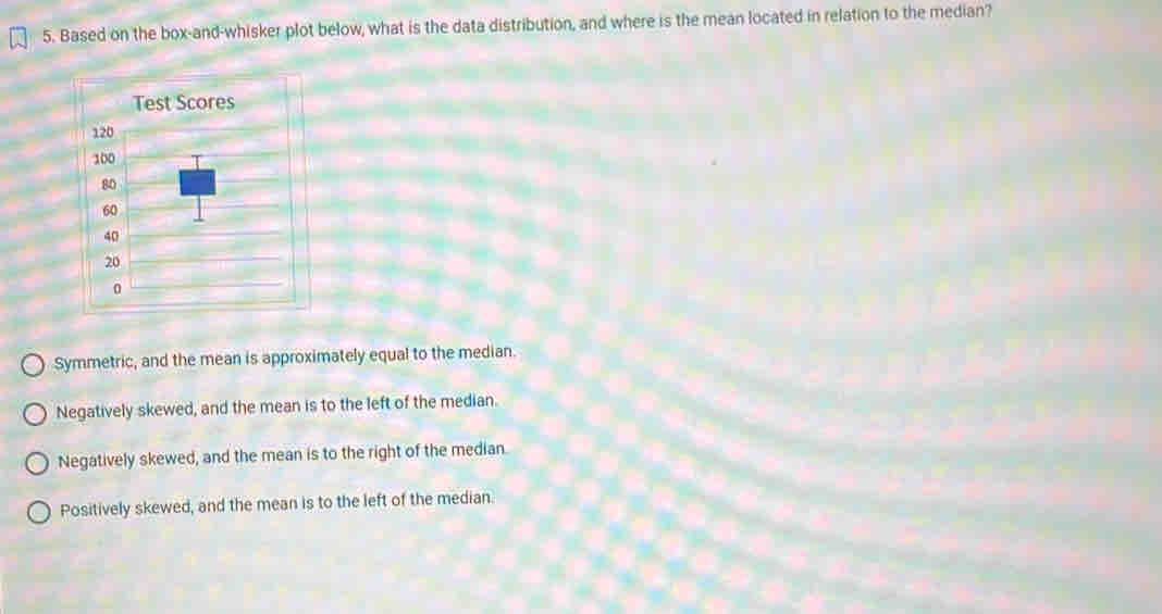 Based on the box-and-whisker plot below, what is the data distribution, and where is the mean located in relation to the median?
Symmetric, and the mean is approximately equal to the median.
Negatively skewed, and the mean is to the left of the median.
Negatively skewed, and the mean is to the right of the median.
Positively skewed, and the mean is to the left of the median.