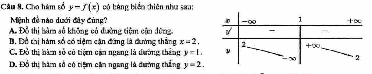 Cho hàm số y=f(x) có bảng biển thiên như sau:
Mệnh đề nào dưới đây đúng?
A. Đồ thị hàm số không có đường tiệm cận đứng.
B. Đồ thị hàm số có tiệm cận đứng là đường thẳng x=2.
C. Đồ thị hàm số có tiệm cận ngang là đường thẳng y=1.
D. Đồ thị hàm số có tiệm cận ngang là đường thắng y=2.