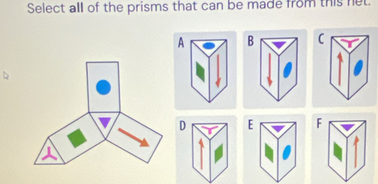 Select all of the prisms that can be made from this net. 
A C 
D E F