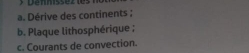 Dérive des continents ; 
b. Plaque lithosphérique ; 
c. Courants de convection.