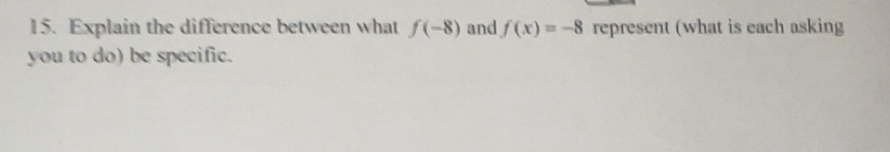 Solved: Explain the difference between what f(-8) and f(x)=-8 represent ...