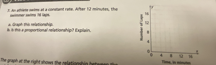 An athlete swims at a constant rate. After 12 minutes, the 
swimmer swims 16 laps. 
a. Graph this relationship. 
b. Is this a proportional relationship? Explain. 
The graph at the right shows the relationshin between the 
Time, in minutes