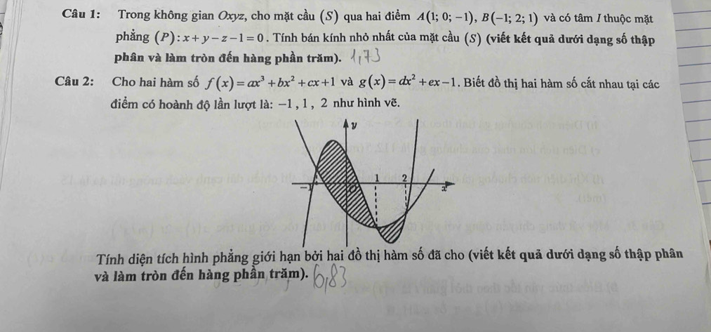 Trong không gian Oxyz, cho mặt cầu (S) qua hai điểm A(1;0;-1), B(-1;2;1) và có tâm / thuộc mặt 
phẳng (P): x+y-z-1=0. Tính bán kính nhỏ nhất của mặt cầu (S) (viết kết quả dưới dạng số thập 
phân và làm tròn đến hàng phần trăm). 
Câu 2: Cho hai hàm số f(x)=ax^3+bx^2+cx+1 và g(x)=dx^2+ex-1. Biết đồ thị hai hàm số cắt nhau tại các 
điểm có hoành độ lần lượt là: −1 , 1 , 2 như hình vẽ. 
Tính diện tích hình phẳng giới hạn bởi hai đồ thị hàm số đã cho (viết kết quả dưới dạng số thập phân 
và làm tròn đến hàng phần trăm).