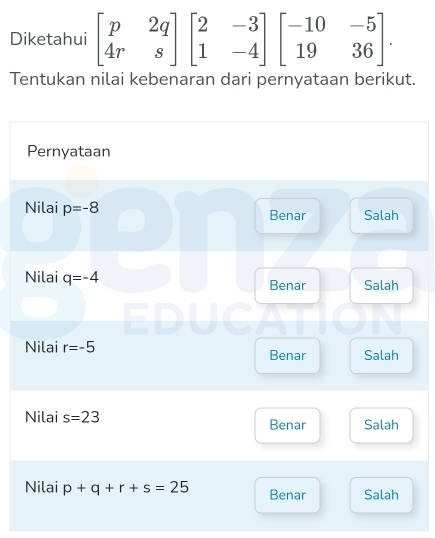 Diketahui beginbmatrix p&2q 4r&sendbmatrix beginbmatrix 2&-3 1&-4endbmatrix beginbmatrix -10&-5 19&36endbmatrix. 
Tentukan nilai kebenaran dari pernyataan berikut.
Pernyataan
Nilai p=-8 Benar Salah
Nilai q=-4 Benar Salah
Nilai r=-5 Benar Salah
Nilai s=23 Benar Salah
Nilai p+q+r+s=25 Benar Salah