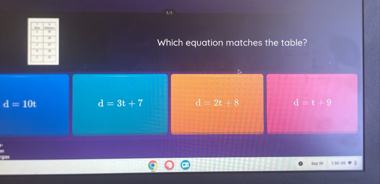 3/5
Which equation matches the table?
d=10t
d=3t+7 d=2t+8
d=t+9
Sep 30 1:50 US